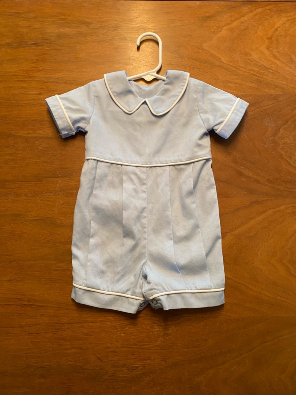 Remember Nguyen Light Blue Baby Boy Romper with White Piping Peter Pan Collar 9M